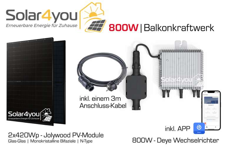 Balkonkraftwerk Jolywood 800W/840Wp + 3m Schutzkontaktstecker - Mini-PV-Anlage Deye Wechselrichter mit Relais schwarz