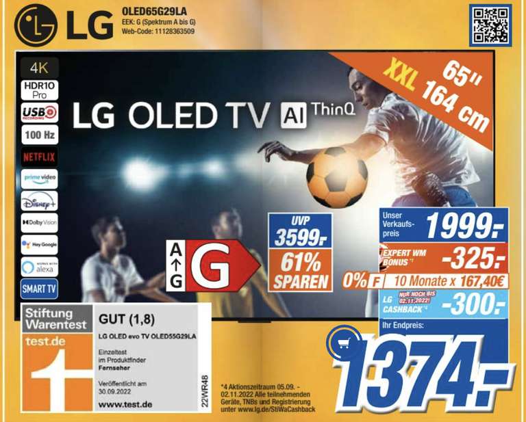 (Lokal) Expert Klein LG OLED65G29LA.AEU OLED TV nach Abzug von WM-Bonus und Cashback effektiv 1374€