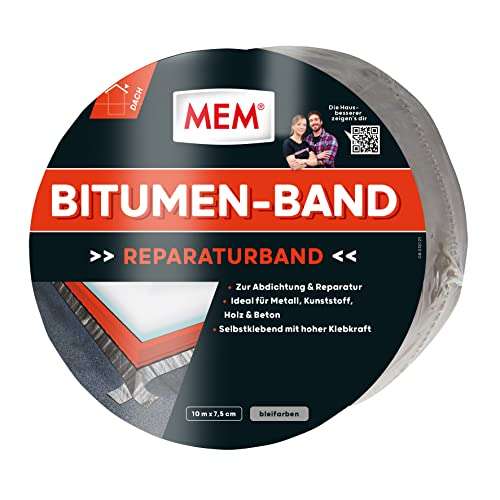 MEM Bitumen-Band, Selbstklebendes Dichtungsband, UV-beständige Schutzfolie, Stärke: 1,5 mm, Maße: 7,5 cm x 10 m, Farbe: Blei (Prime)