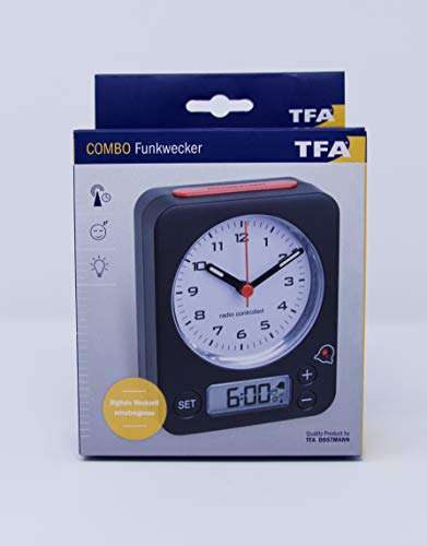 TFA Dostmann Combo Funkwecker | Analoge Uhrzeit und digitaler Wecker | leise | Maße: 90 x 40 x 115 mm (Prime)