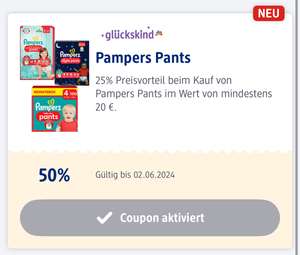 DM App Pampers Pants 25% ab 20 MBW Online und Offline/ Kombi mit u.a 10 Fach Punkte und Cashback