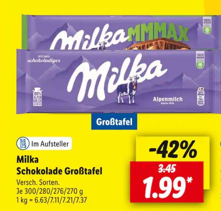 [Lidl] Milka Tafelschokolade versch. Sorten 300/280/276/270gr. für 1,99 - mit Lidl+ 1,95 statt 3,45