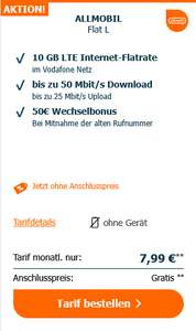 Vodafone Netz, Sim Only: Allnet/SMS Flat 10GB LTE für eff. 5,91€/Monat durch 50€ Wechselbonus