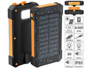 Solar-Powerbank, 8.000 mAh, 2x USB 2A, Typ-C-Input, IP65, LED-Lampe