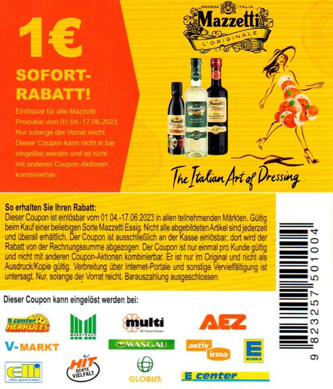 1,00€ Rabatt Coupon für den Kauf eines Mazzetti Essigs bis 17.06.2023