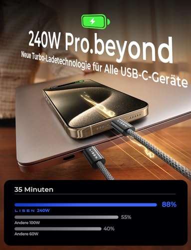 [Amazon Prime] 3x LISEN 240W USB C Kabel, 3 Stück [1M+2M+2M] Schnellladekabel Nylon-Geflecht USB C auf USB C Kabel
