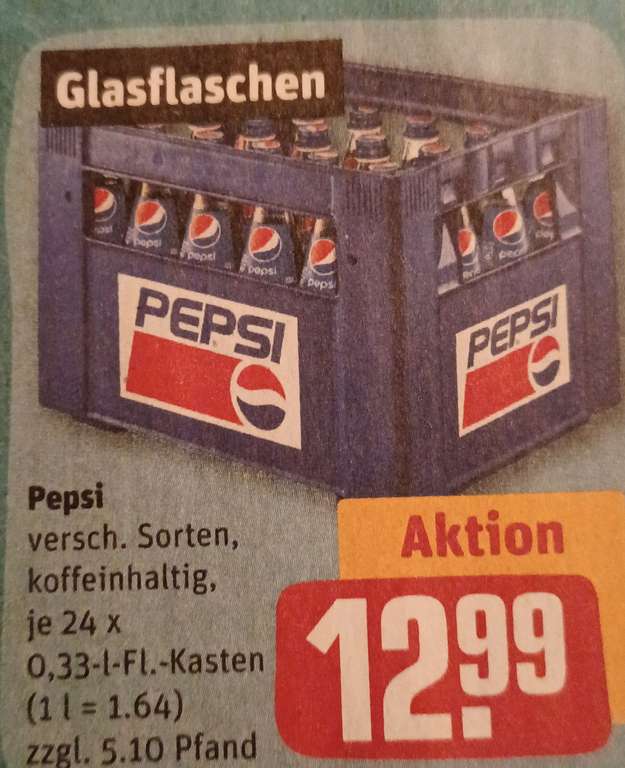 Rewe Hessen evtl.bundesweit: Original Pepsi Cola ohne Süßstoffe im 24x0,33l Kasten(Glasflaschen 5.10€ Mehrwegpfand fällt an)