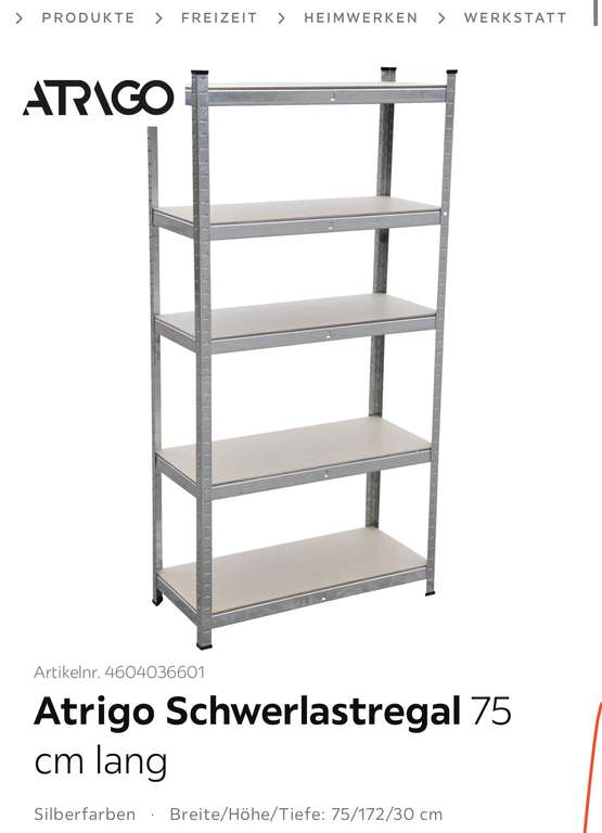 Atrigo Schwerlastregal Silberfarben Breite/Höhe/Tiefe: 75/172/30 cm