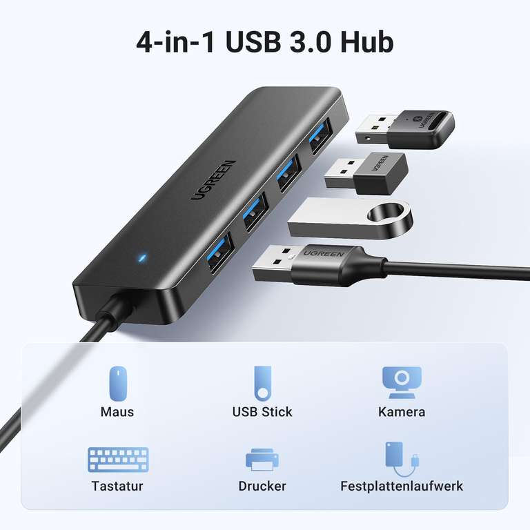 UGREEN 4-Port USB 3.0 Hub USB Verteiler 5Gbps USB Mehrfachstecker USB Splitter für MacBook, iMac, Surface, Dell, Thinkpad, USB Stick