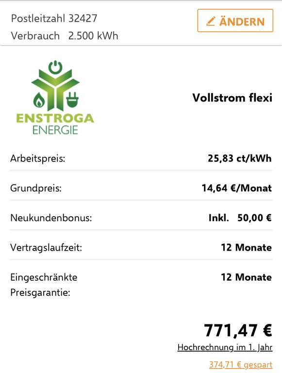 [Lokal 32*** in Minden] Strom für 25,83 Cent pro kWh und 14,64€/Monat bei Enstroga über Verivox