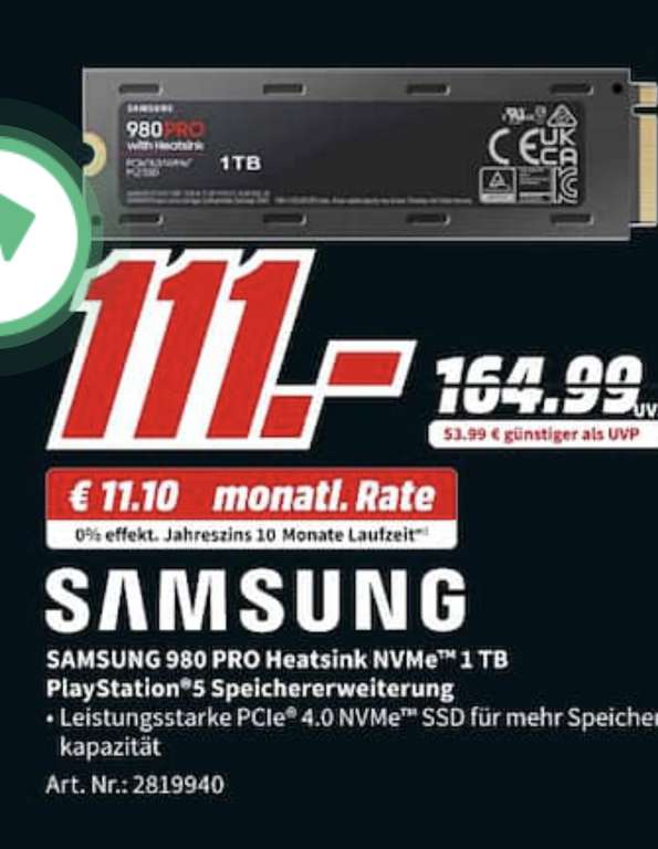 [Media Markt] SAMSUNG 980 PRO, Playstation 5 kompatibel, 1 TB SSD M.2 via NVMe für 111€ - PVG 129,99