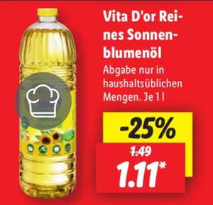 [Lidl] Vita D'Or Reines Sonnenblumenöl 1L = 1'11€