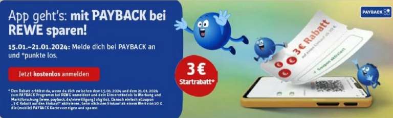 [Rewe | Payback] 3€ Startrabatt für Neuanmeldung mit 10€ MEW