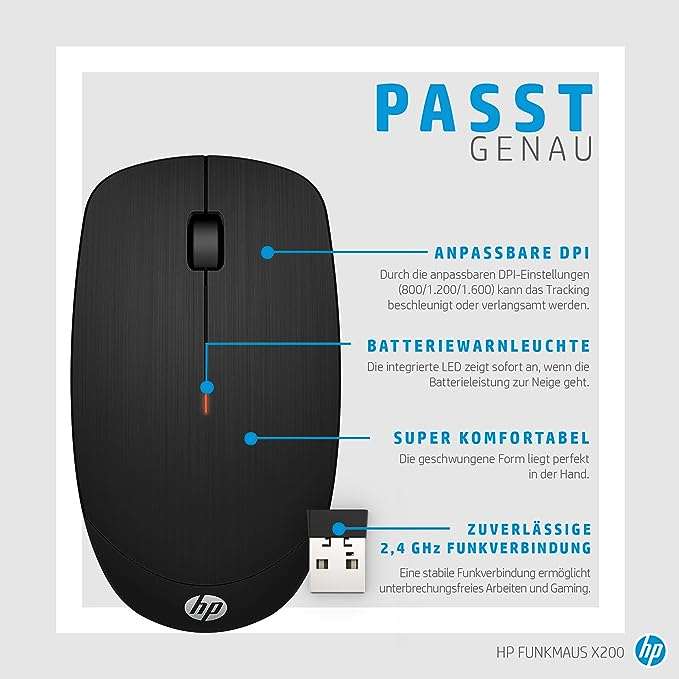 HP Wireless Maus X200 (USB-Dongle, bis zu 1600 DPI, lange Akkulaufzeit, Rechtshänder, Linkshänder) schwarz [Otto Up]