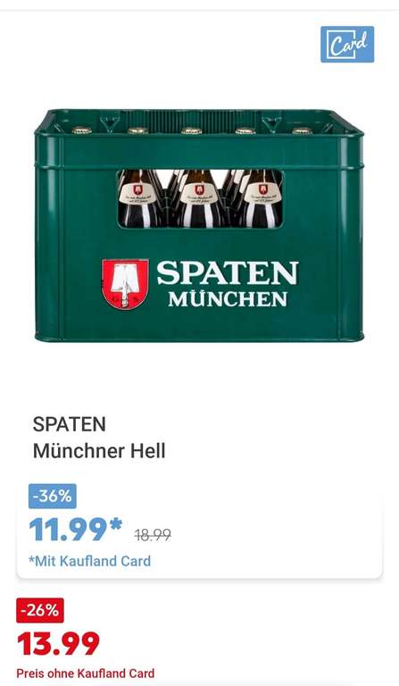 Kaufland SPATEN Münchener Hell Bier mit Kaufland Card 11,99€ zzgl. Pfand (lokal)