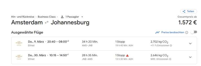 Flüge, Business Class: nach Johannesburg (JNB), Südafrika - Hin- & Rückflug mit Etihad ab Amsterdam (AMS)