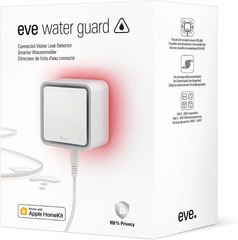 Eve Water Guard Smarter Wassermelder - Vorgängerversion | 2m Sensorkabel / verlängerbar | 100dB Wasseralarm | Apple HomeKit only [Gravis]
