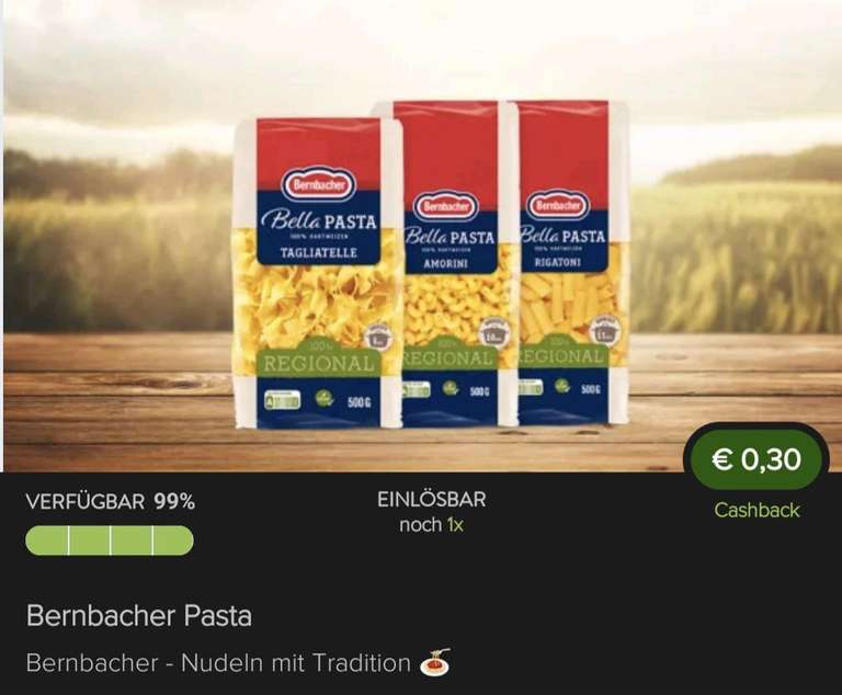 [Marktguru] 30 Cent Cashback auf Bernbacher Pasta nach Wahl