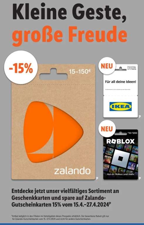 [LIDL] 15% Rabatt auf Zalando Gutscheinkarten | 15 - 150€ | 15.4. - 27.4.