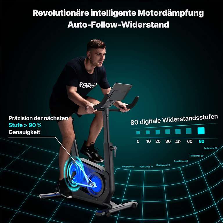 RENPHO KI Smart Heimtrainer Ergometer Indoor-Fahrrad mit Automatischem Widerstand, Stationäres, Bluetooth Kompatibel mit Zwift Peloton