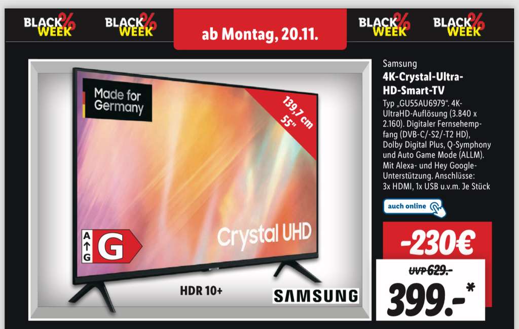 Samsung GU55AU6979 55 Zoll 4K HDR/10/+ TV bei Lidl (ab dem 20.11, offline)  | mydealz