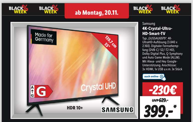 Samsung GU55AU6979 55 Zoll 4K HDR/10/+ TV bei Lidl (ab dem 20.11, offline)