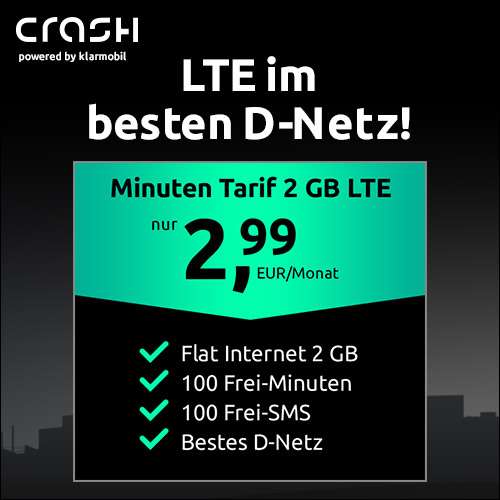 [Telekom-Netz] 2 GB LTE Tarif für 2,99€ / Monat von crash mit 25 Mbit/s + VoLTE, WLAN Call & 100 Frei Minuten & 100 Frei SMS & 9,99€ AG