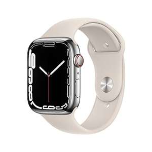 [Amazon] Apple Watch Series 7 (GPS + Cellular, 45mm) Smartwatch, Edelstahlgehäuse Silber, Sportarmband Sternenlicht