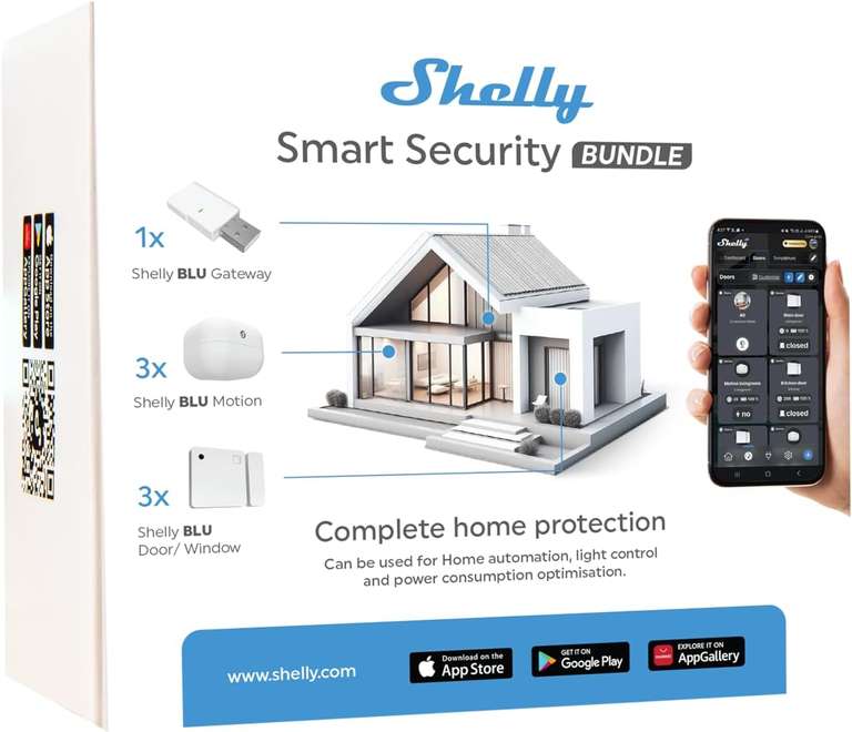 Shelly Smart Security Bundle (3x BLU Motion Bewegungsmelder, 3x BLU Door/Window Tür-/Fensterkontakt, BLU Gateway)