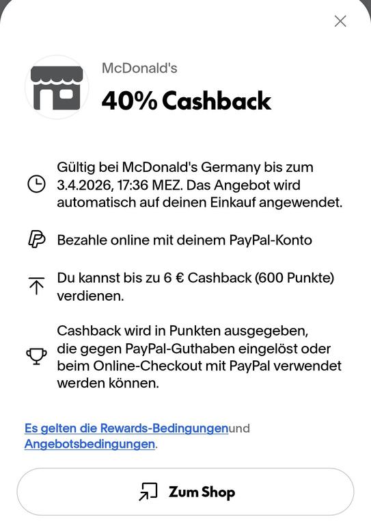 (Personalisiert) 40% Cashback bis 6€ via PayPal bei McDonald's (Auch auf Pfand und Wertgutscheine! )
