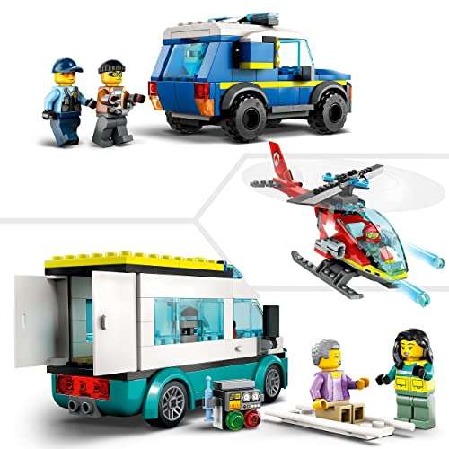 LEGO 60371 City Hauptquartier der Rettungsfahrzeuge mit Feuerwehr-Hubschrauber, Krankenwagen, Motorrad und Polizeiauto