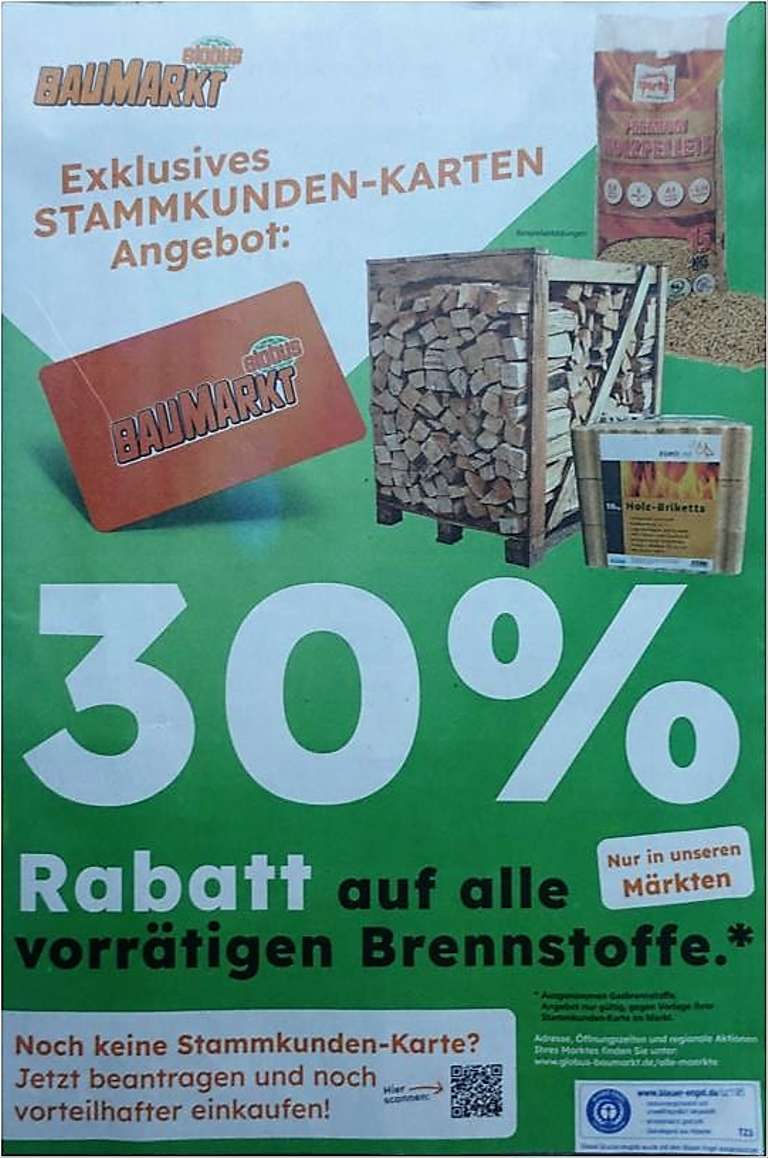 30% Rabatt auf Brennholz mit Stammkundenkarte, z.B. Kaminholz (gemischt) 1 Raummeter für 125,30 Euro [Globus Baumarkt]