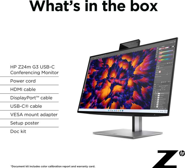 HP Z24m G3 Monitor (23.8", 2560x1440, IPS, 90Hz, 400nits, 99% sRGB, USB-C DP & 100W PD, DP In & Out, HDMI, Webcam, Pivot, 3J Garantie)