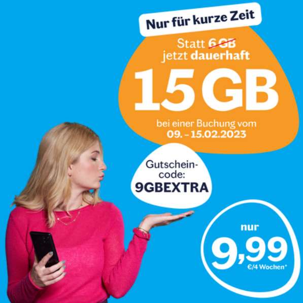 Lebara Prepaid: Allnet/SMS Flat 15GB LTE & 50 Minuten in 50 Länder 9,99€/28 Tage, monatlich kündbar, 0€ AG, 10€ Wechselbonus, 6€ Shoop