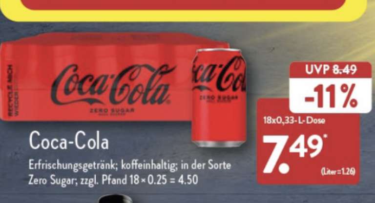 Cola Zero 18x0,33 Liter Dosen im Aldi Nord ab 03.02.2023