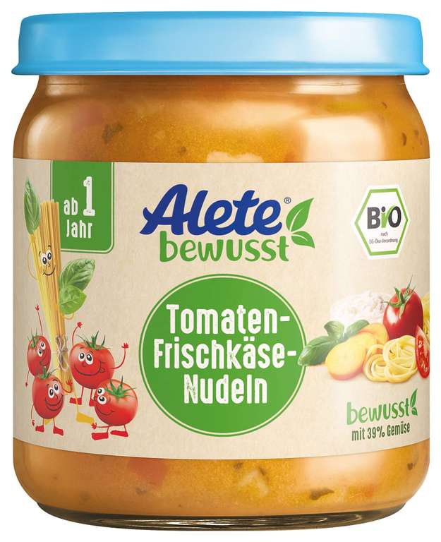 Alete Bio Gläschen Tomaten-Frischkäse-Nudeln, Babynahrung in Bio-Qualität, Menü ab 1 Jahr (6 x 250 g) (Prime Spar-Abo)