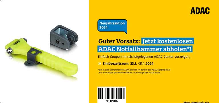 [ADAC Nordrhein] Kostenloser Notfallhammer und Playmobil-Figur zur Abholung