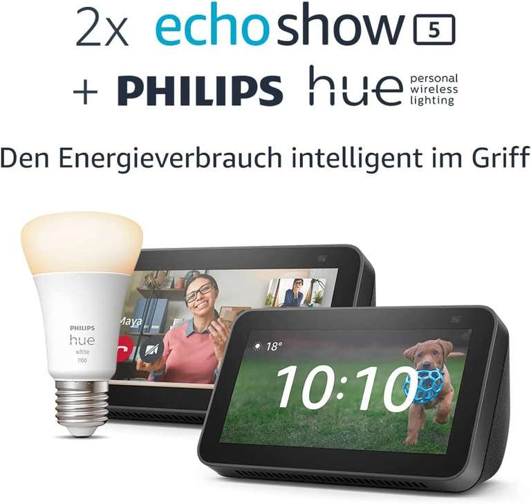 Amazon Echo Show 5 Bundles: 2 x Echo Show 5 für 68,98€ I + Philips Hue White-Lampe oder + Meross Smart Plug für je 73,98 €