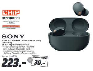 [Lokal Mainz + Alzey Media Markt] Sony WF-1000XM5 schwarz In Ear True Wireless für 223€ plus 30€ Geschenk-Coupon = 193€ effektiv