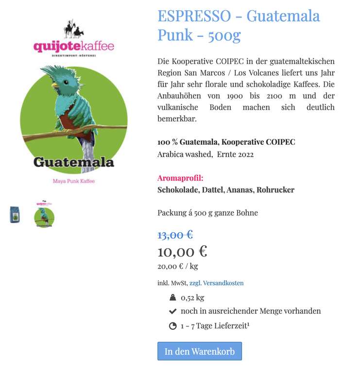 Quijote - ökofairer Kaffee - zum 13. Geburtstag - Filter, helle und dunkle Espressi - ganze Bohne für 20€/kg statt 26€/kg