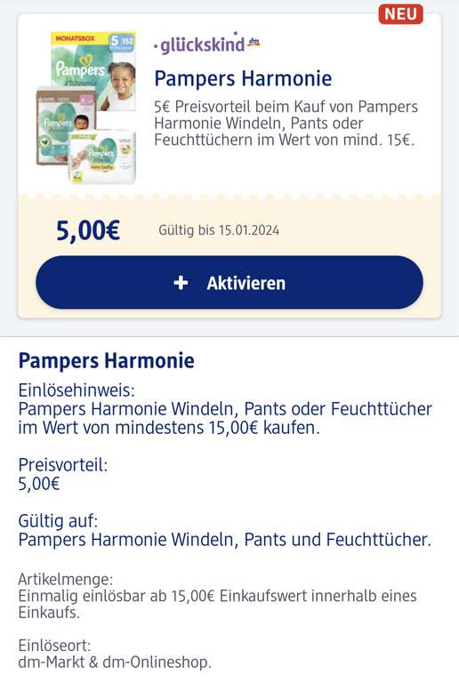 [DM App] Glückskind - Pampers Harmonie 5€ Rabatt Gutschein ab 15€ MEW
