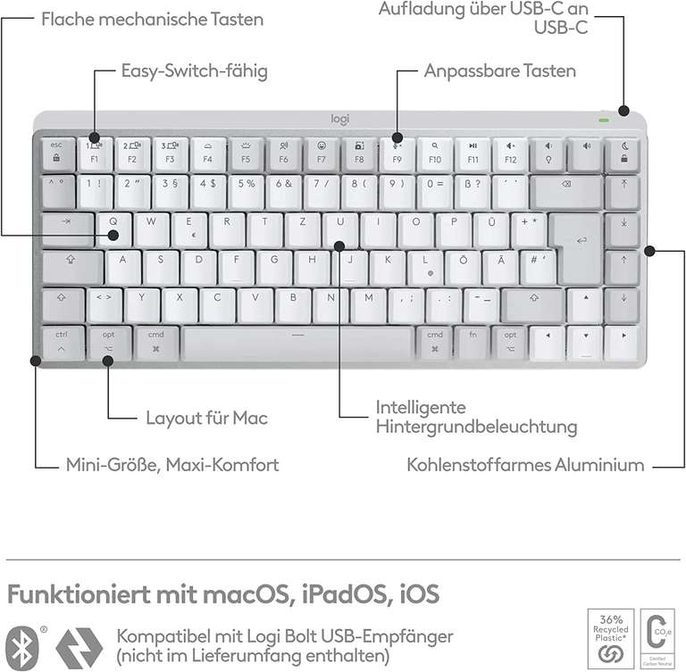[Amazon / Galaxus]Logitech MX Mechanical Mini for Mac Wireless Keyboard (Tactile, Kailh Choc V2 Low Profile Brown, USB-C) in Space/Pale Grey