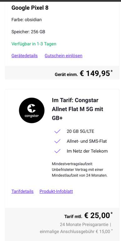 DeinHandy Congstar Allnet Flat M 5G mit GB+ Google Pixel 8 256 GB 149€