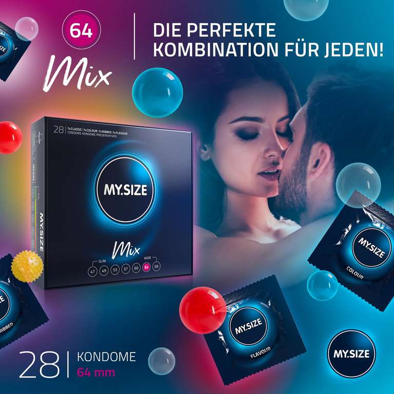 My.Size Mix Kondome Classic, Ribbed, Flavour & Colour, Größe 2 (49 mm) bis Größe 6 (64 mm) Großpackung, Inhalt 28 Stück (Spar-Abo Prime)