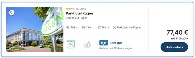 4* Parkhotel Bergen auf Rügen (8.6 von 10, mit Frühstück, Sauna, Parkplatz) für 77,40€ pro Nacht (ab 18. September bis einschl. Dezember)
