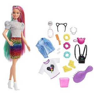 [Prime] Mattel Barbie Puppe mit Leoparden Regenbogen-Haar & Zubehör (14 Teile)
