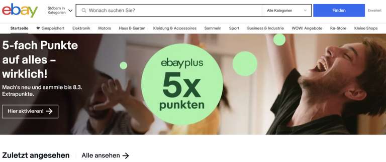 eBay PLUS: 5x Punkte auf alle Einkäufe auf eBay.de. Alle Kategorien, entspricht 5%, auch Auktionen etc.