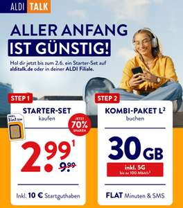 Aldi Talk Prepaid Starter-Set für 2,99 € im Telefonica-Netz mit 5G (erste Tarifbuchung inklusive: 30 GB)