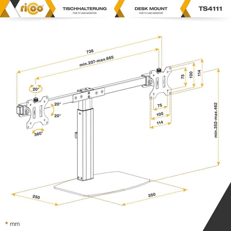 [Prime] RICOO TS4111 2er Monitor-Halterung für den Tisch mit Gasdruckfeder für 17-32 Zoll (VESA 75x75 / 100x100, Kabelmanagment)
