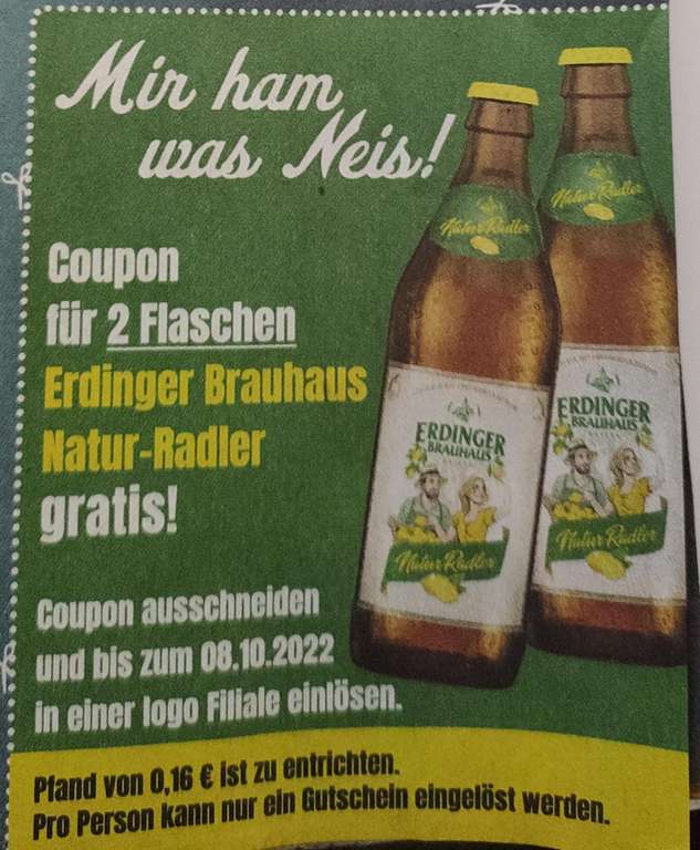[Logo-Getränke] 2 Flaschen Erdinger Brauhaus Natur-Radler gegen Pfand ab 04.10.2022